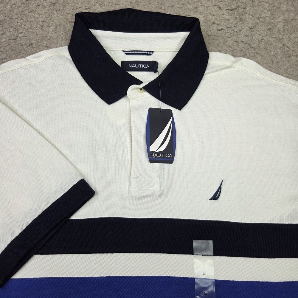 NEW Nautica Polo Shirt Mens Large White Striped Casual Rugby Short Sleeve Logo
